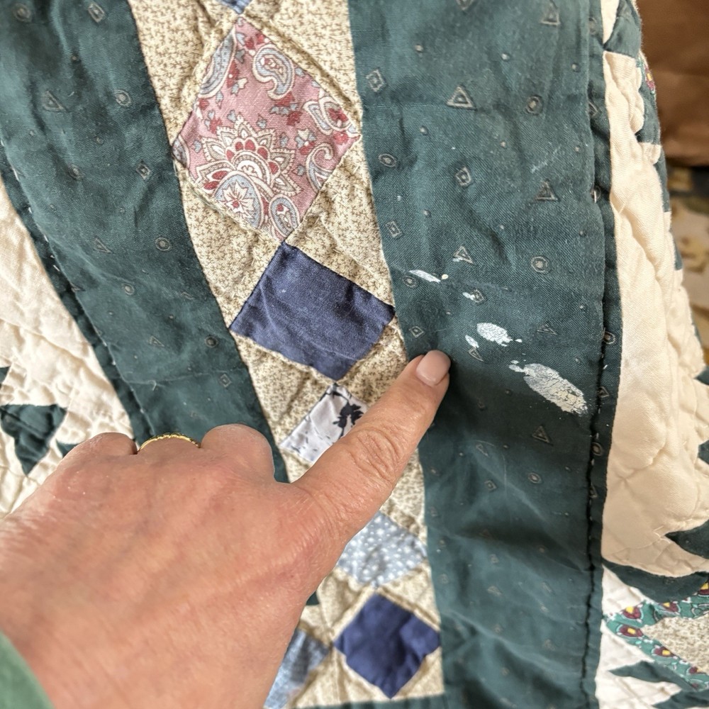 Vintage Mariner’s Compass Quilt King Size Patchwork Medallion Green Blue