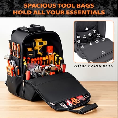 Tool Bag Backpack For Men With 18 Tool Pockets, Heavy-Duty Tool Storage Orange