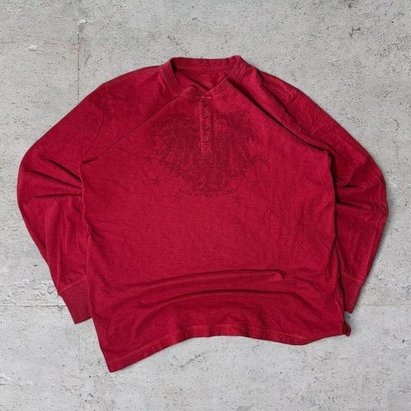 Mens vintage Red graphic faded thermal waffle knit grunge Y2K Henley LongsleeVe