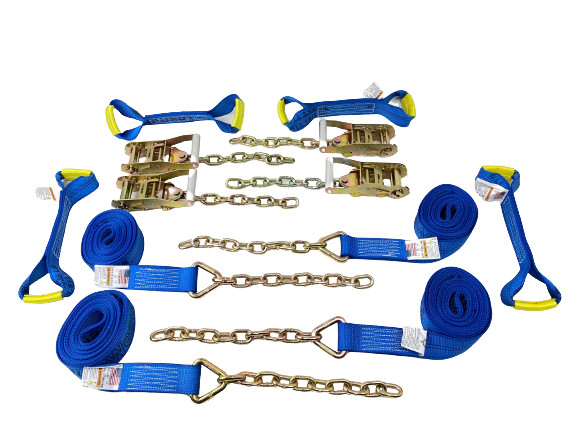 8 pt Kit 14' BLUE DW Rollback / Flatbed Car Tie-Downs w/ Chain Tails