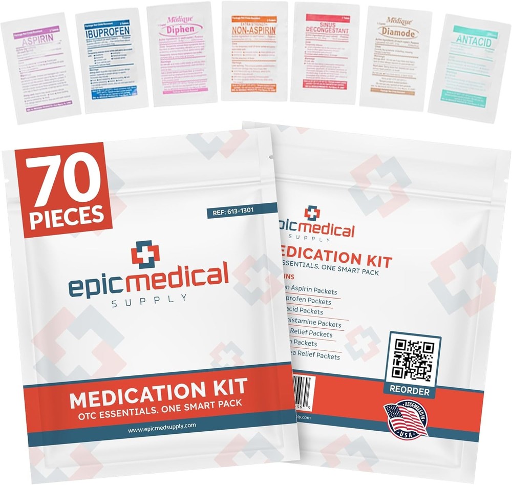 First Aid Kit Medication Refill – 70-Count Unit Dose Packets – Emergency Med