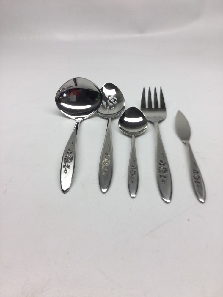 5 Piece Oneida Rose Shadow Stainless Flatware Pierced Fork Meat Fork Etc.