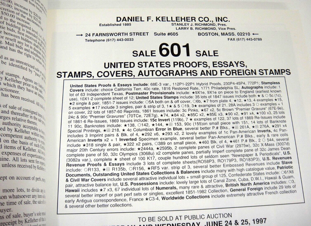 Kelleher Auction Catalog 1997 Proofs Essays Stamps Covers Autographs Revenues