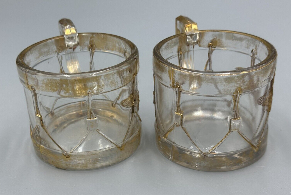 1909 Pair Mug EAGLE DRUM Cup Glass CANDY CONTAINER Antique E&A 543