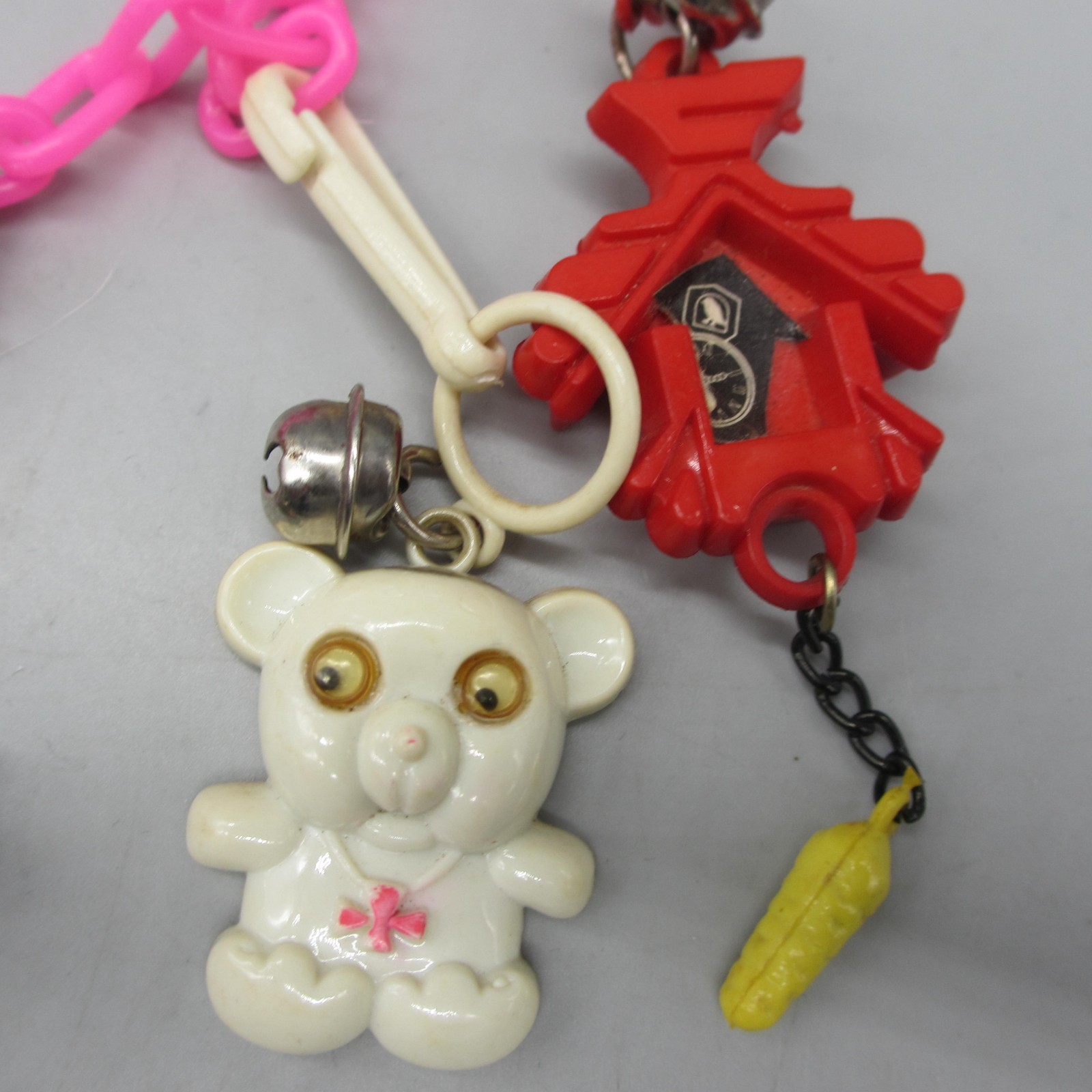 Vintage Bell Charm Necklace Owl Gum Ring Clock Thermos Pink Chain 24 Inch