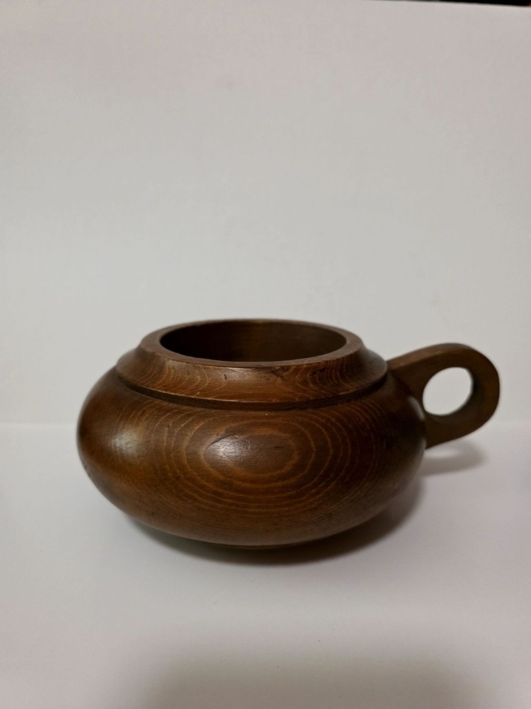 Vintage Wooden Sugar Bowl Creamer Pot Handle Rustic Kitchen Decor Brown Used
