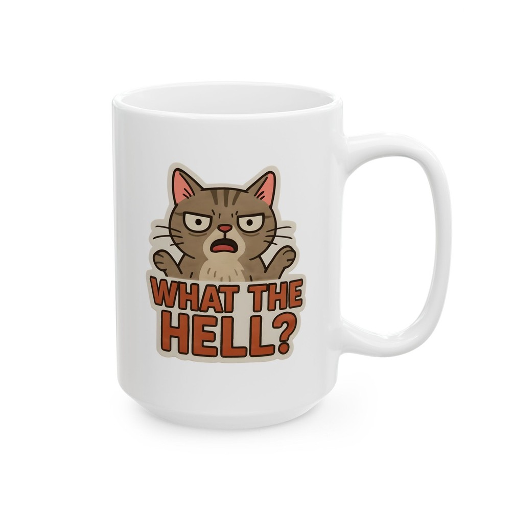 Grumpy Cat Illustration Mug | "What the Hell?" Cat Face Ceramic Mug