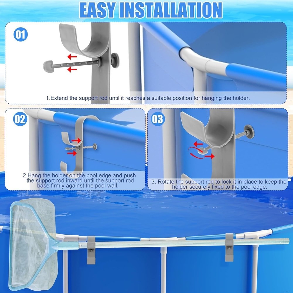 4 Pcs Gray Poolside Pool Leaf Skimmer Net Holder Adjustable Telescopic Hooks ...