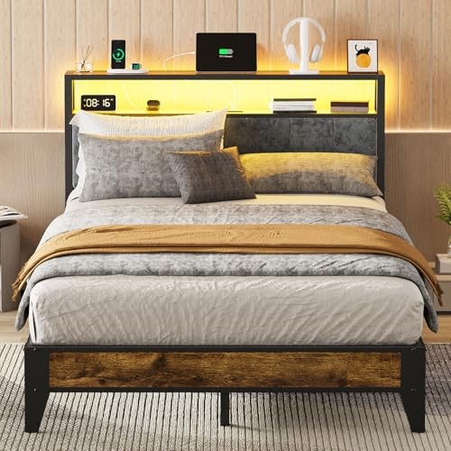 Bed Frame with Headboard, Metal Platform Bed Size with 2-Tier Storage, Full