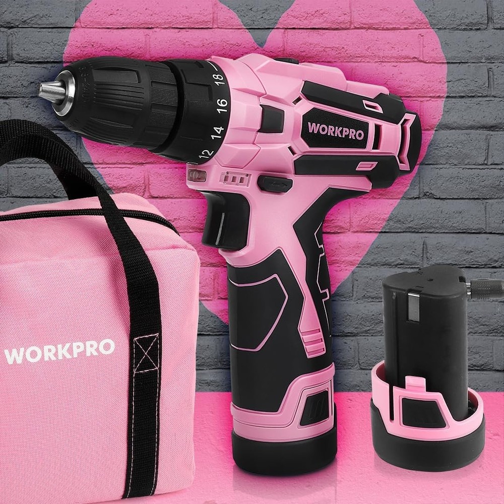 WORKPRO Pink Cordless Drill Driver Set, 12V Electric Screwdriver Driver Tool Kit
