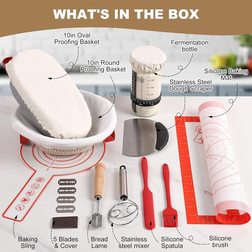 Rustic 14pcs Sourdough Starter Kit: Round & Oval Baskets with Baking Essentials
