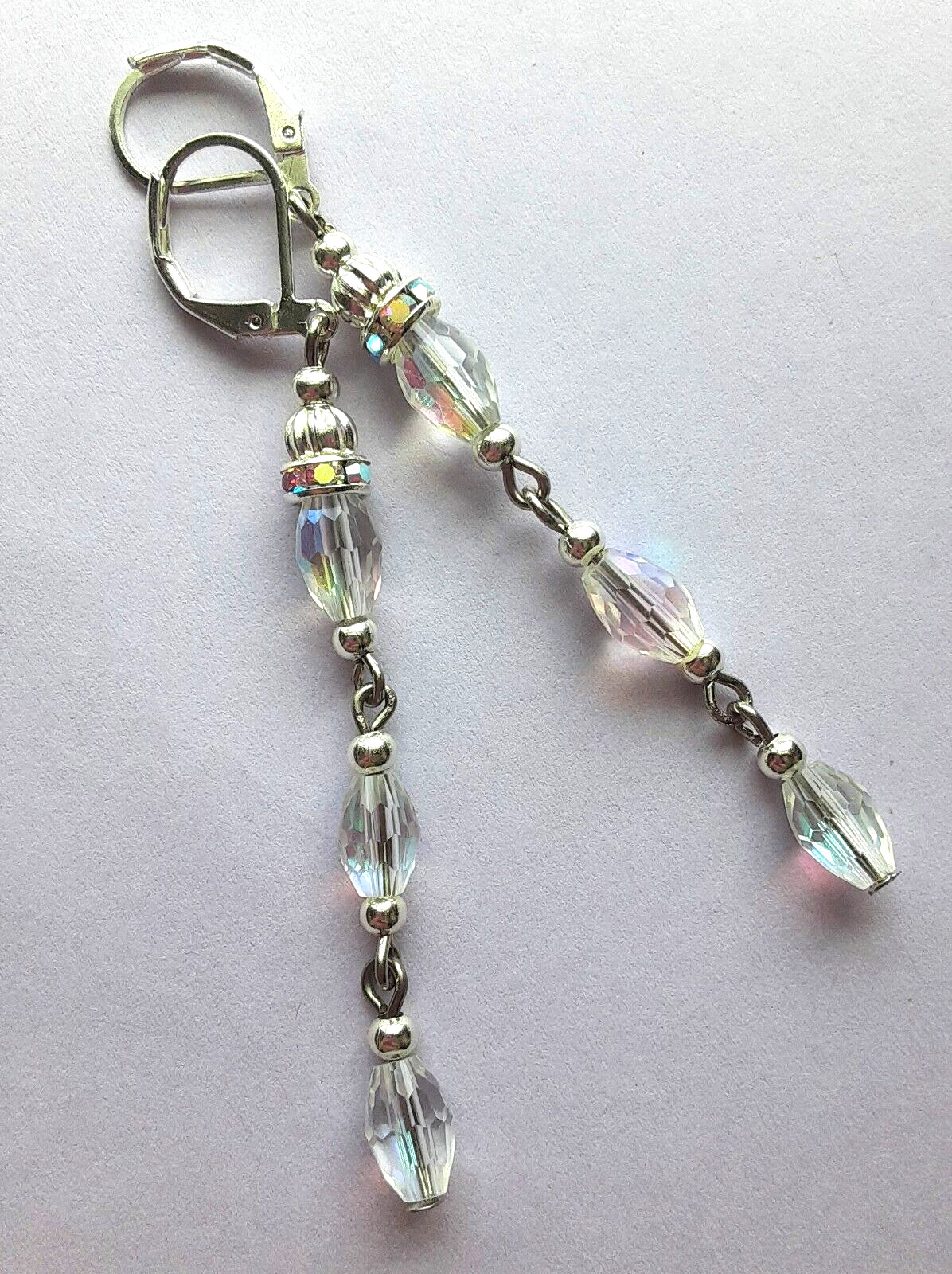 faceted CLEAR CRYSTAL & AB RING dangle earring SP LEVER BACK handcrafted XCBA