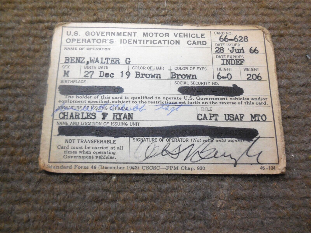Vietnam War 1966 USAF Motor Vehicle Operator's Identification Card