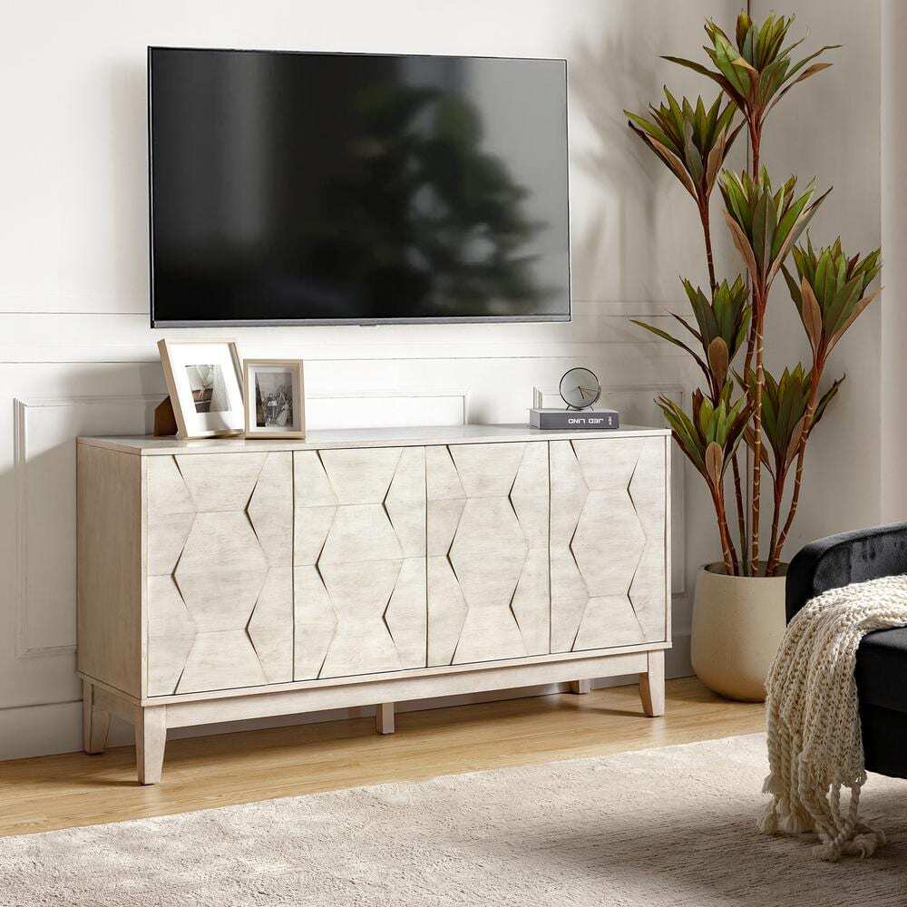 Modern Sideboard Hexagonal Embellishments with Solid Wood Legs White 60 In. New