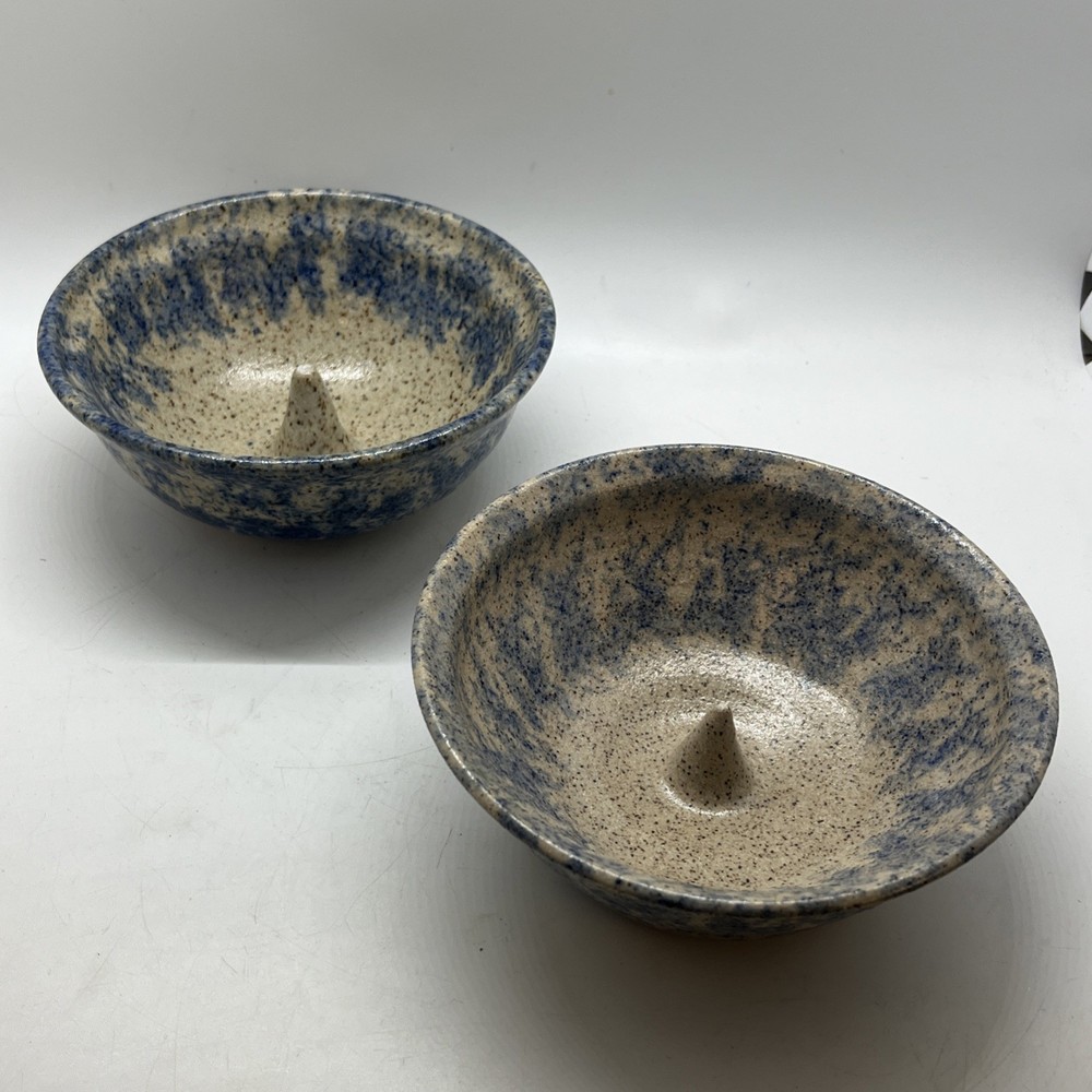 2 Stoneware Apple Bakers Hand Made Ceramic Studio Pottery Blue Sponge Signed