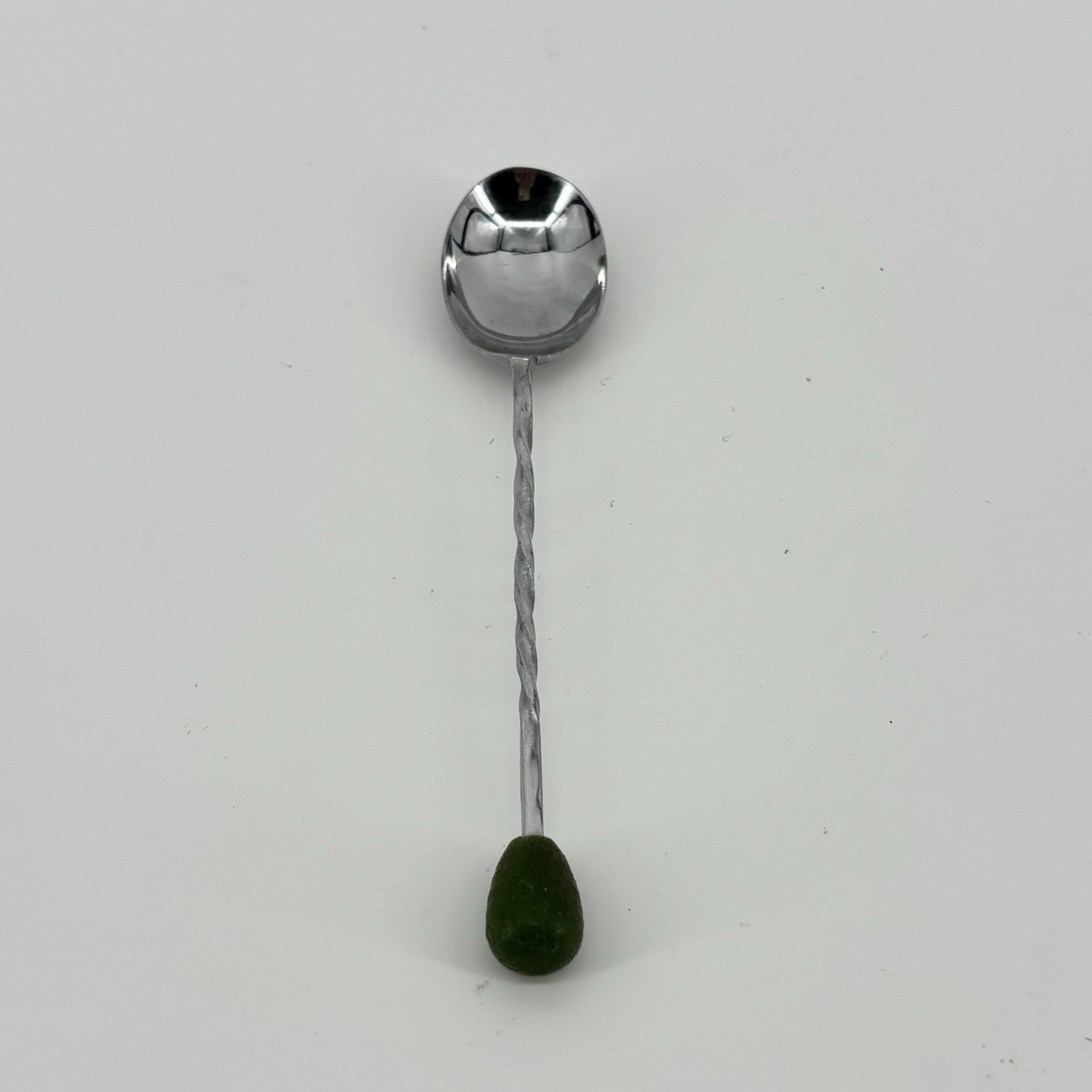 Vintage Bar Spoon Swizzle Japan Stainless Steel Twisted Hanlde 5in W/Green Wood