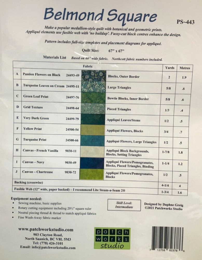 PATCHWORKS STUDIO #PS-443 - BELMOND SQUARE QUILT PATTERN, 67 x67