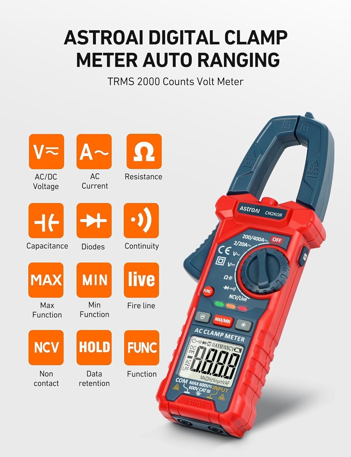 AstroAI Digital Clamp Meter Multimeter 2000 Counts Amp Voltage Tester BRAND NEW