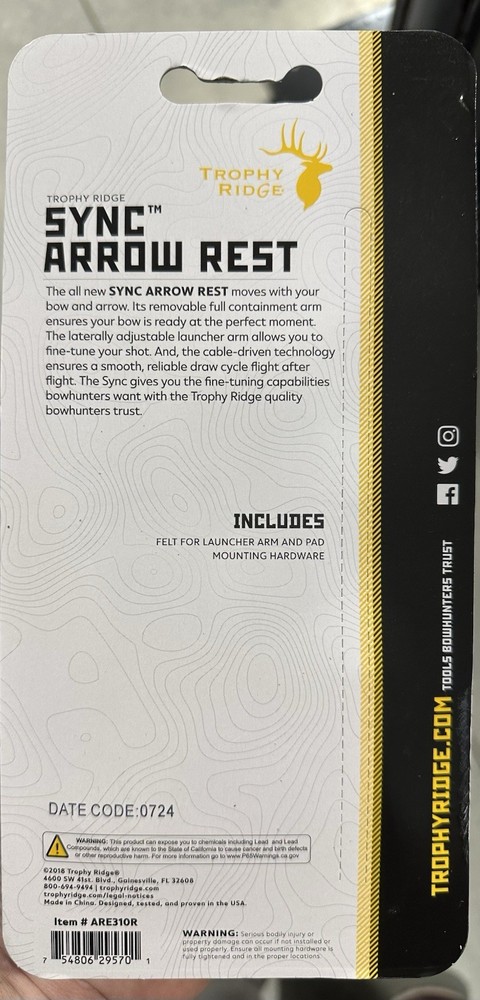 Trophy Ridge Sync Arrow Rest Right Handed Model# ARE310R