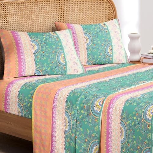 - Boho Bed Sheets, 4-Piece Sheet Set, Bohemian Chic Queen Orange Green