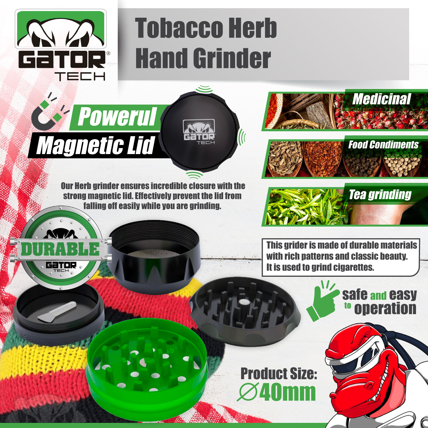 Tobacco Herb Spice Grinder Crusher Smoke 2.0" inch 4-Piece Metal Magnetic Lid