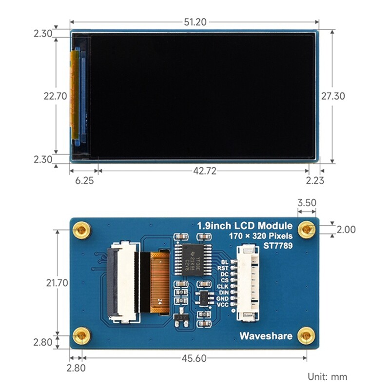 1.9 IPS 170X 320 Pixel SPI Interface 262K 9840 Color LCD Display Module-