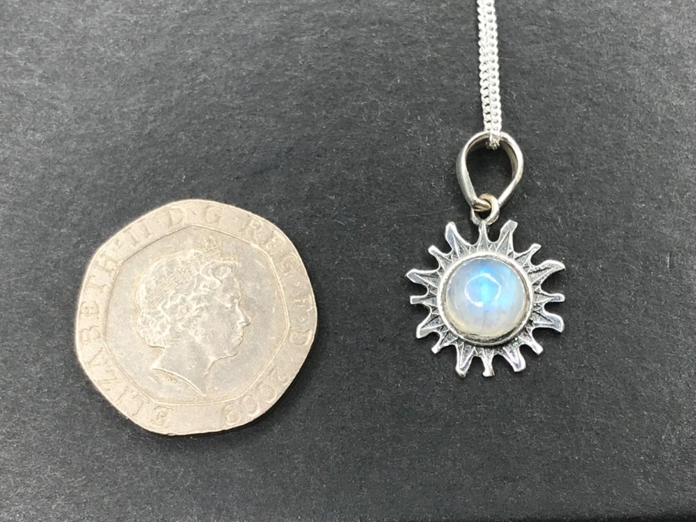 Rainbow moonstone pendant earrings set, solid Sterling silver, sun, gift box.