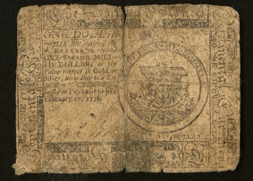 1776 American Revolution $1 Continental Currency, Colonial Banknote CC-23, PCGS