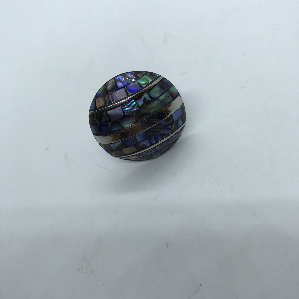 Vtg Inlaid Shell Ring Abalone mosaic Adjustable Artisan