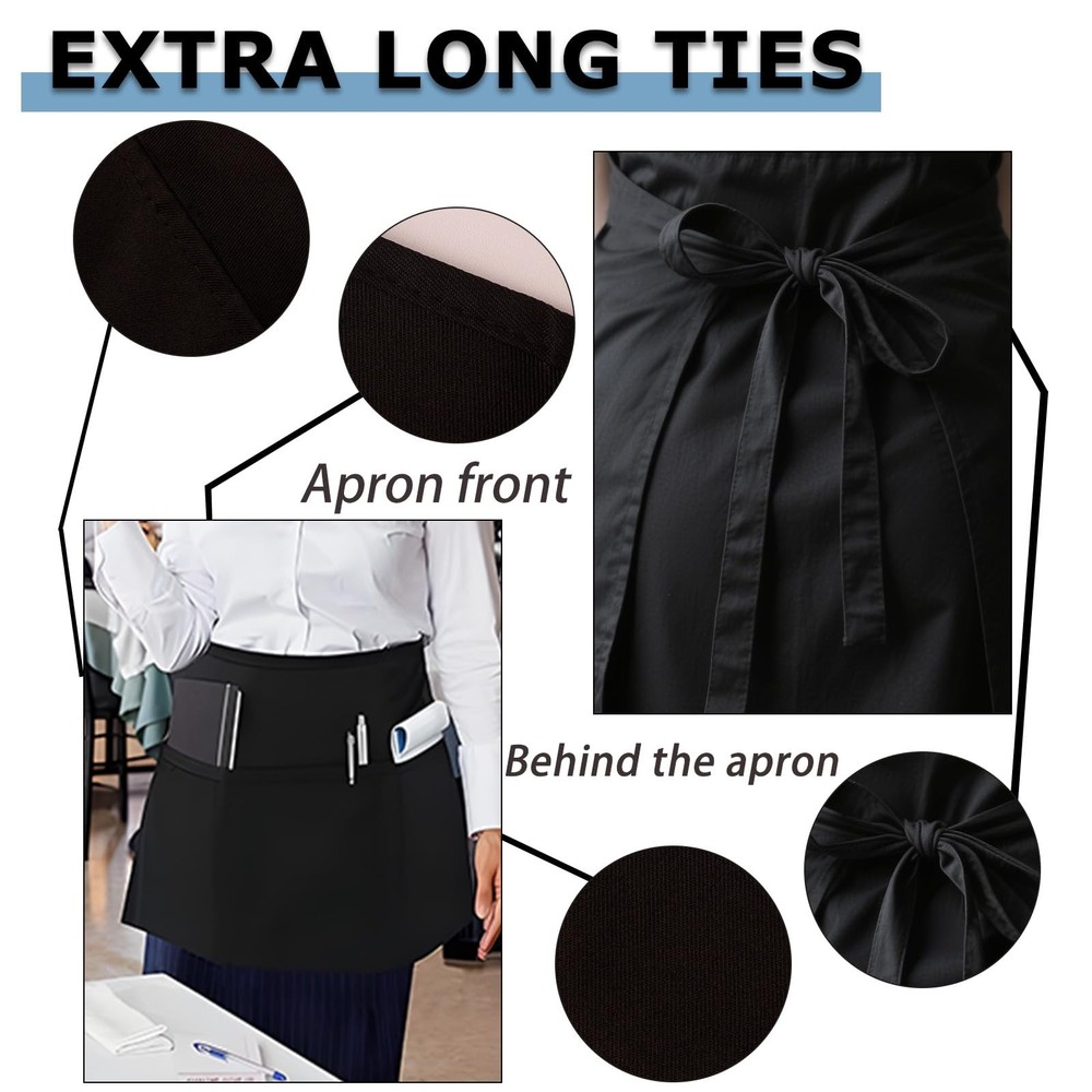2 Pack Server Apron, Black with 3 Pockets | Waitress Uniform for Work