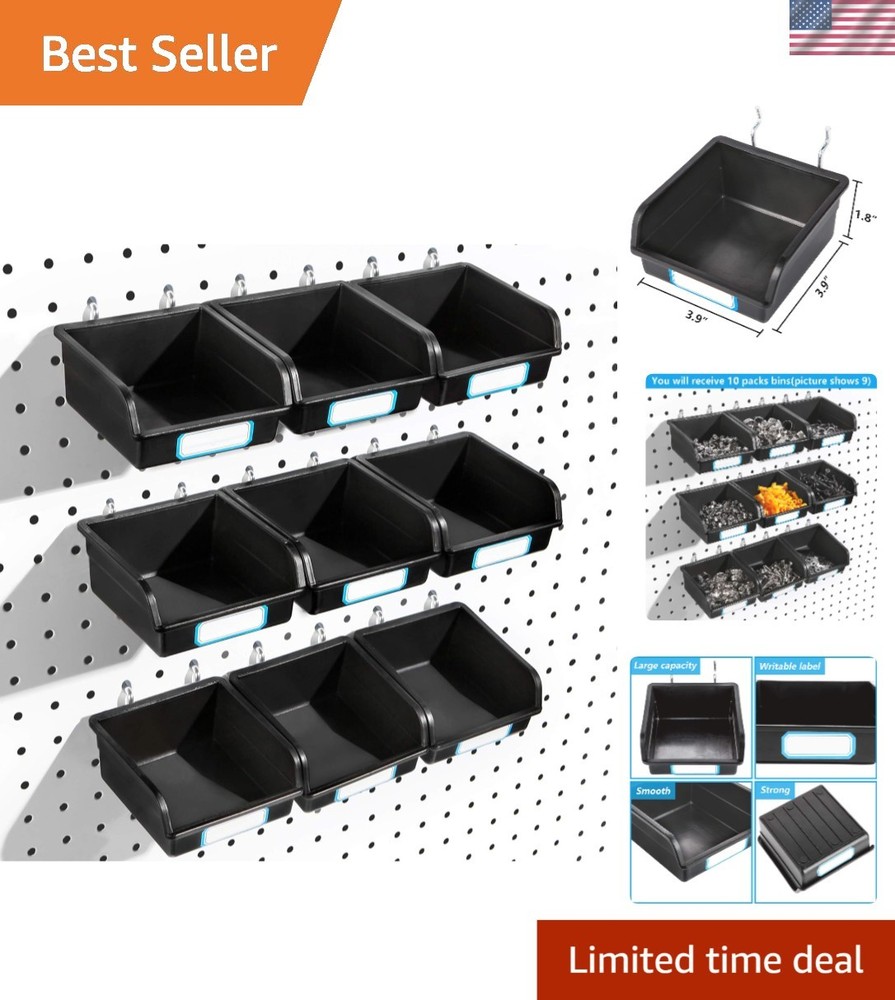 10-Pack Black Pegboard Bins with Metal Hooks & Labels - Durable Storage Solution