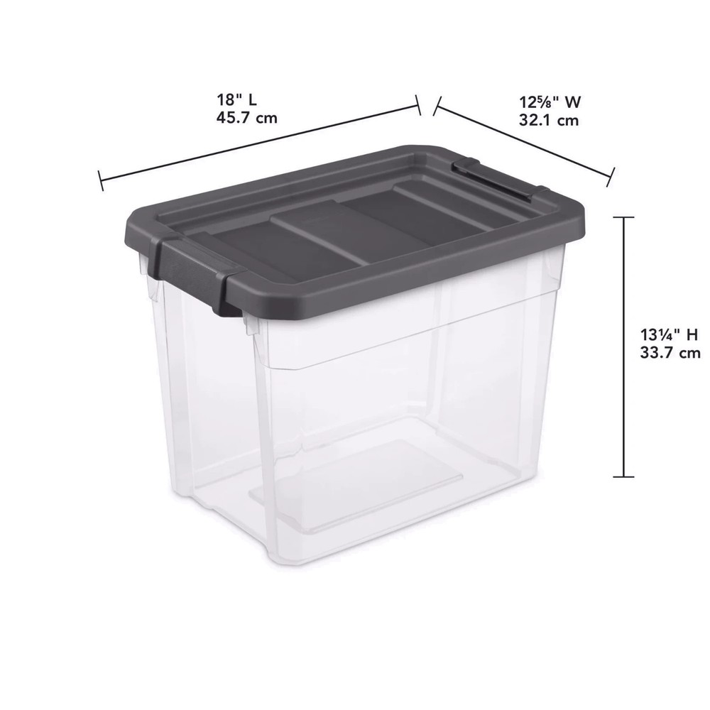Sterilite 30 Qt Clear Stackable Storage Bin with Latch Lid, Dark Gray, 6 Pack