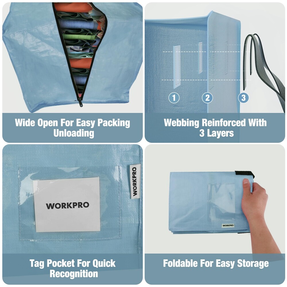 WORKPRO 6 Pack Extra Large Moving Bags Heavy-Duty Storage Tote w/Backpack Straps