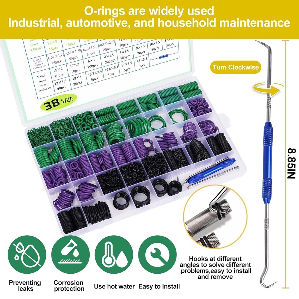 Comprehensive 2225pc Rubber O Ring Kit with Hook Set for DIY Plumbing & Auto