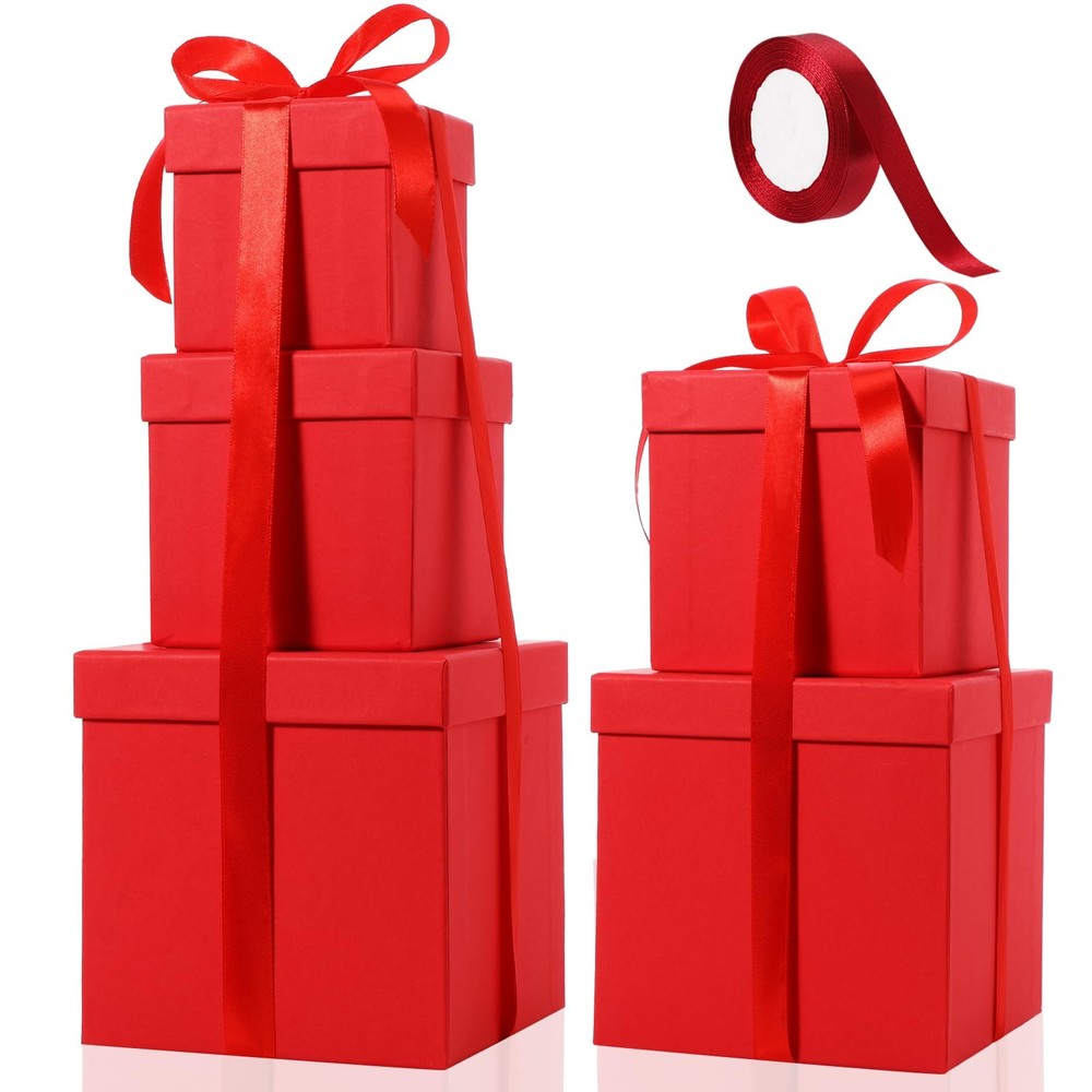 Cholemy 5 Pcs Square Nesting Boxes Decorative Gift White Card, Bright Red