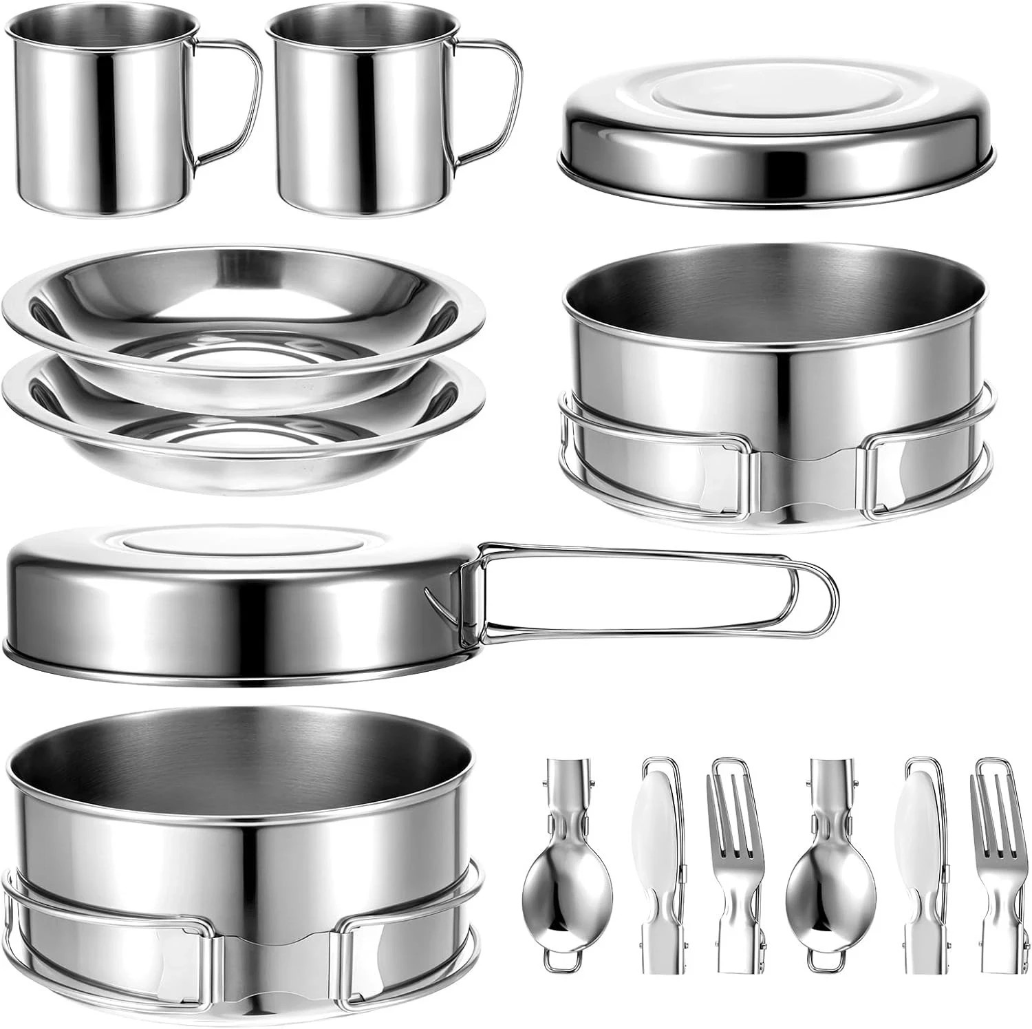 14Pcs Stainless Steel Camping Cookware Set Lightweight Compact Camping Pots Pan