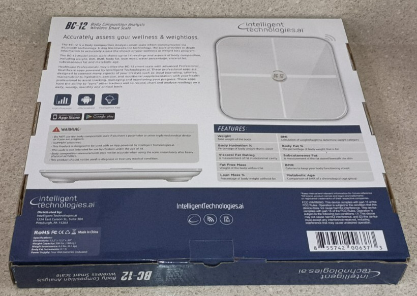 Intelligent Technologies.AI BC-12 Body Composition Analysis Wireless Smart Scale