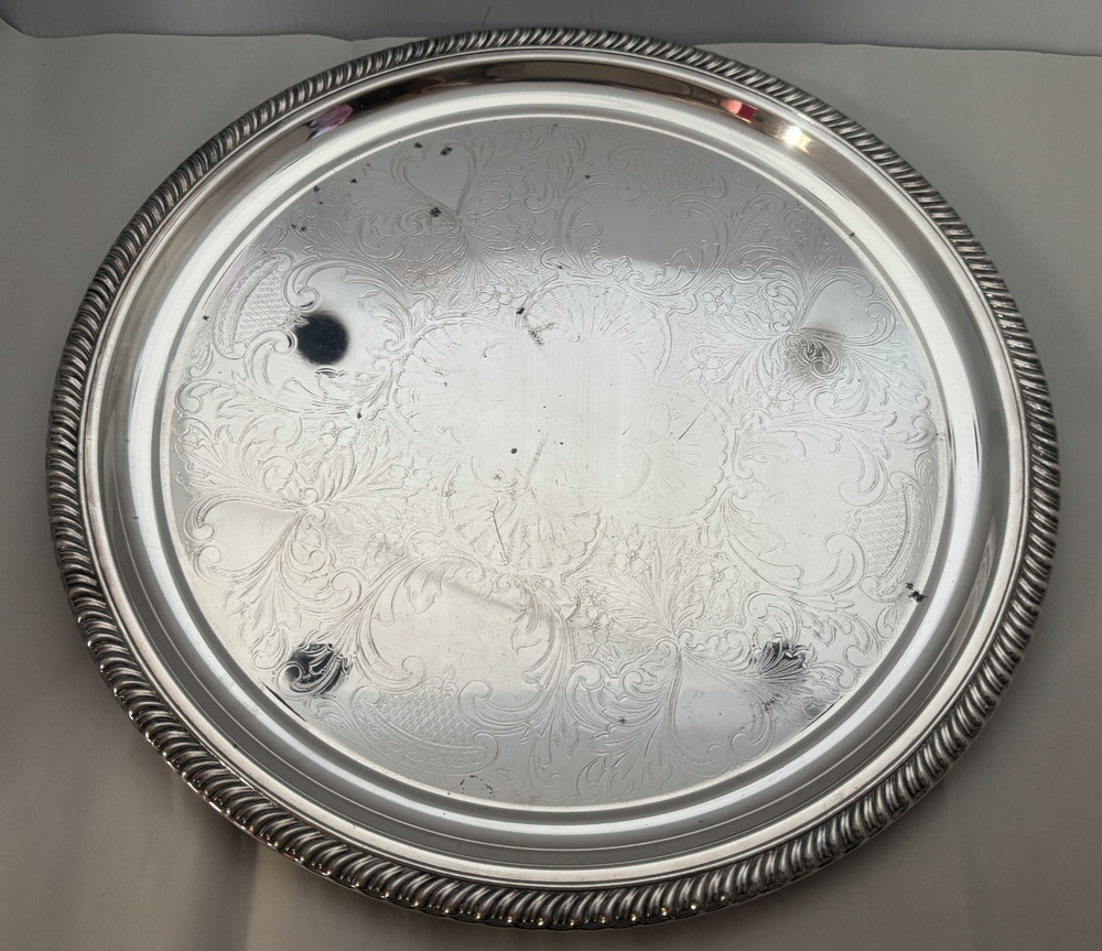 Unbranded Silver Plate Serving Tray with Makers Marks Round with Rope Edge