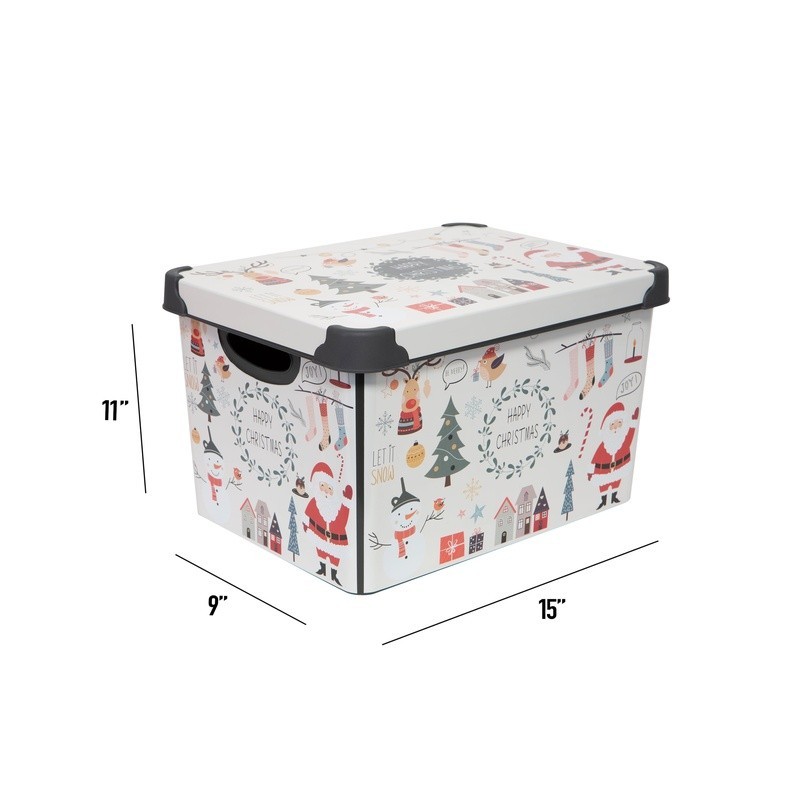 Happy Christmas Plastic Storage Tote Bin Stackable Holiday Décor Box W/ Lid New