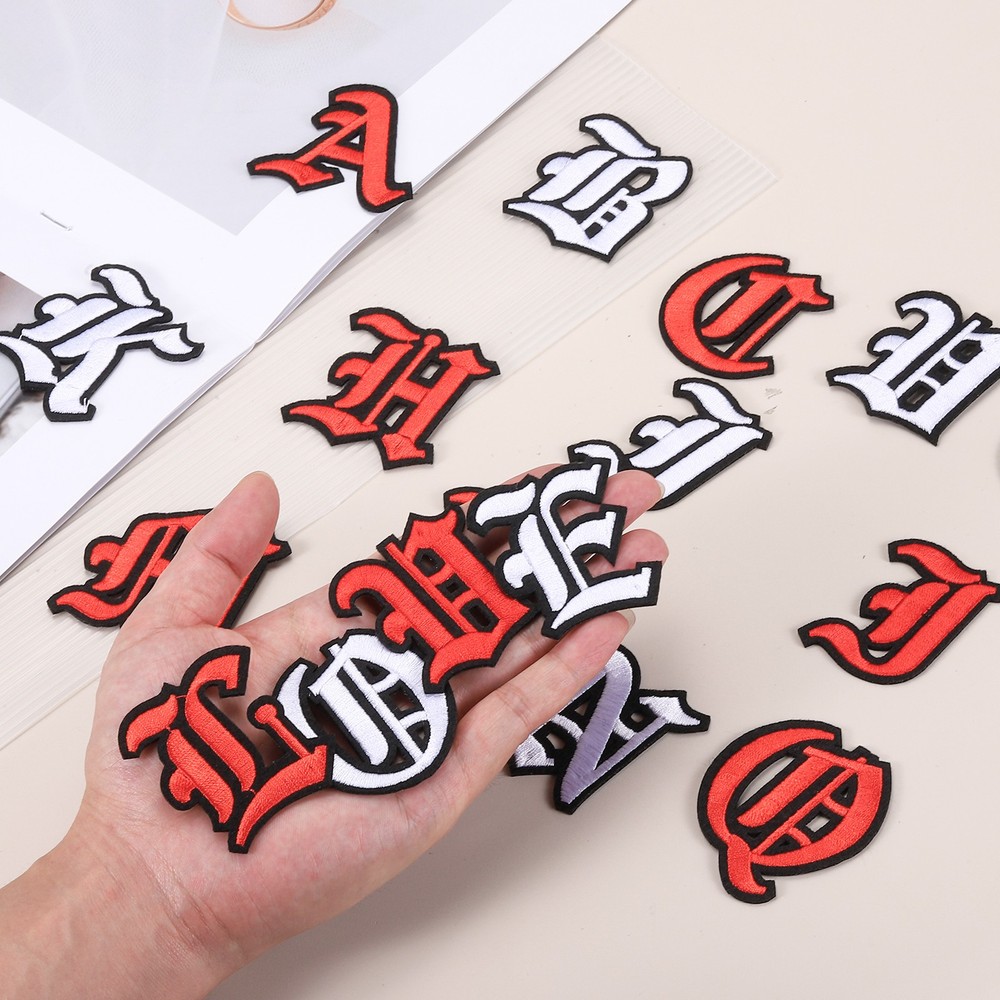 Gothic Iron on Letter Patches, 2" Letter U Alphabet Patch, White Black, 4pcs
