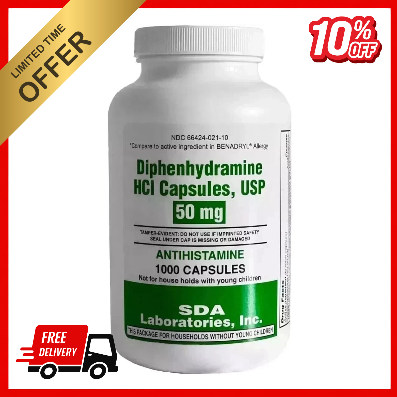 DIPHENHYDRAMINE 50MG 1000ct capsules, SDA LABS, Allergy Relief