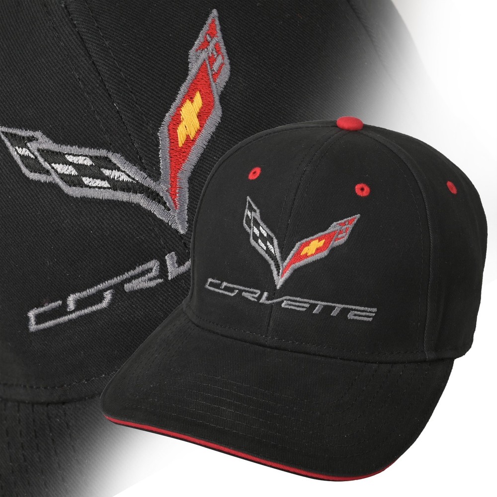 2014-2019 C7 Corvette Black Red Trim Structured Hat Logo Script Licensed