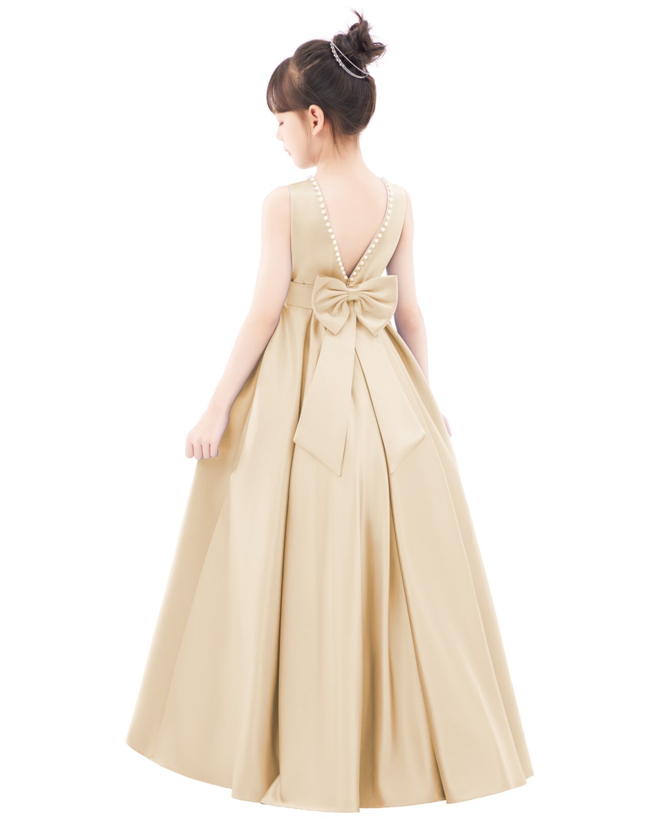 Backless A-line Satin Flower Girl Dress with Pearl Beaded Trim Party Dresses
