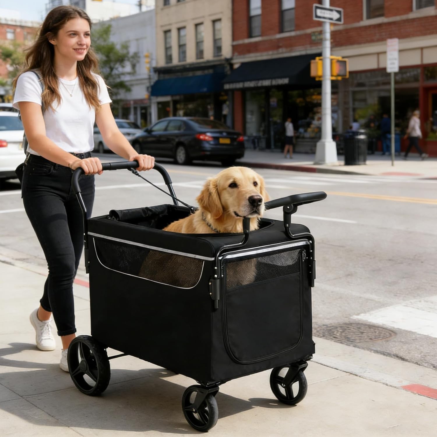 Dog Stroller Wagon Push-Pull Pet Wagon Cart with Ramp Foldable One-Step Brake