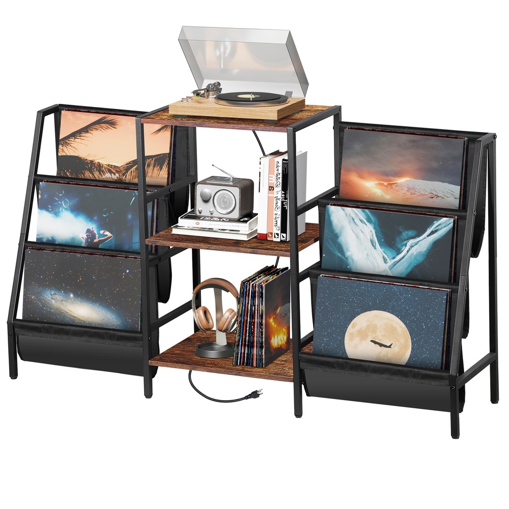 Large Vintage Record Player Table Vinyl Display Shelf w/ Power Outlets & Socket