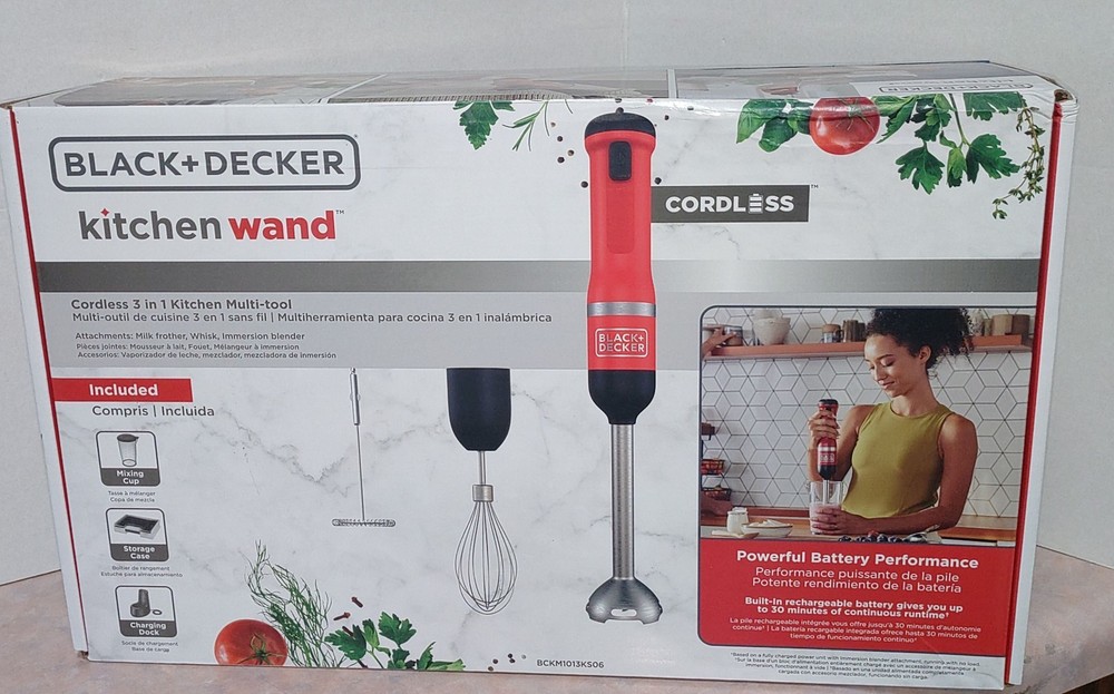 Black & Decker 3-in-1 Kitchen Wand Cordless Immersion Blender Multi Tool Set Red