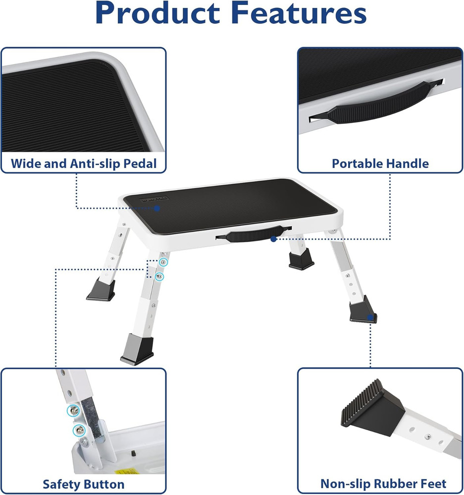 Folding Step Stool, 3-Level Adjustable Metal Step Stool with Anti-Slip Pedal and
