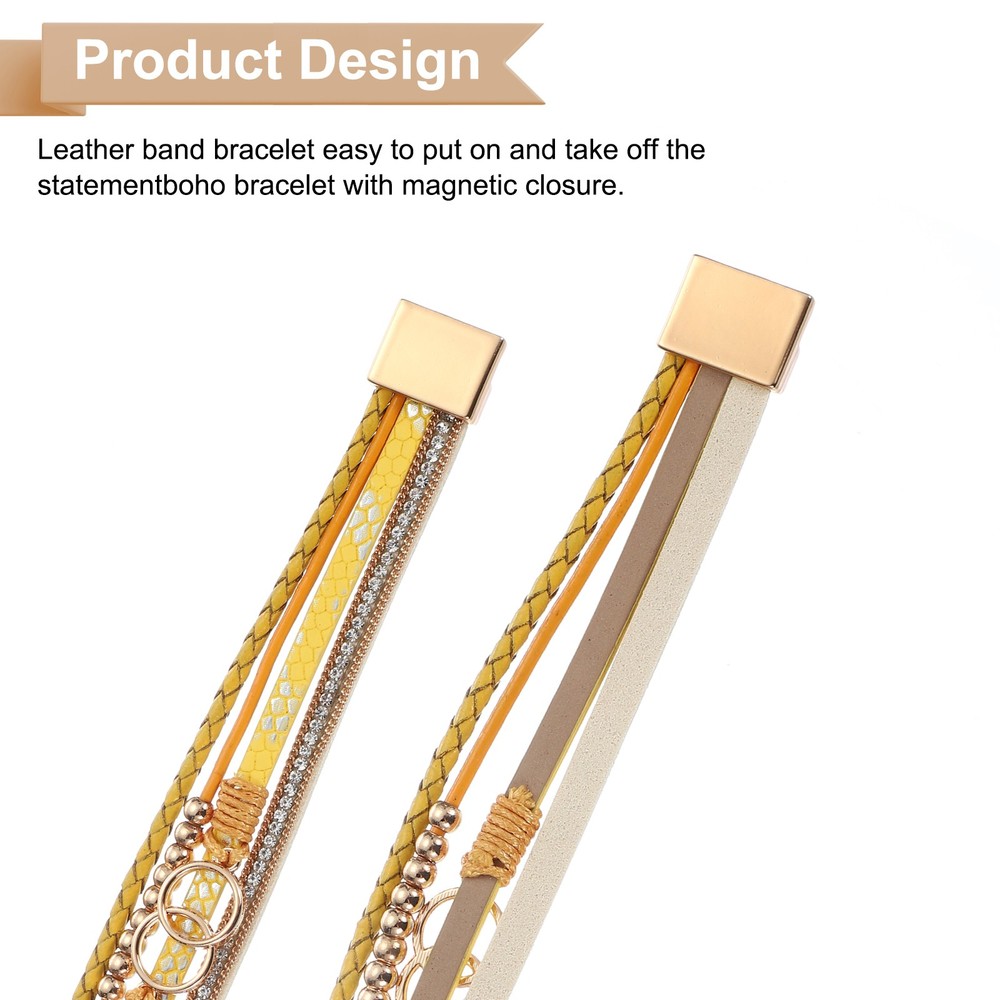 Leather Wrap Bracelets, Hand Woven Multilayer Stackable Boho, Yellow