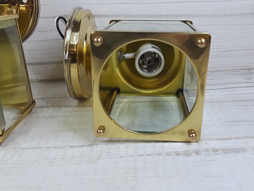 Vintage Solid Brass Square Straight Side Beveled Glass Wall Sconces 90's