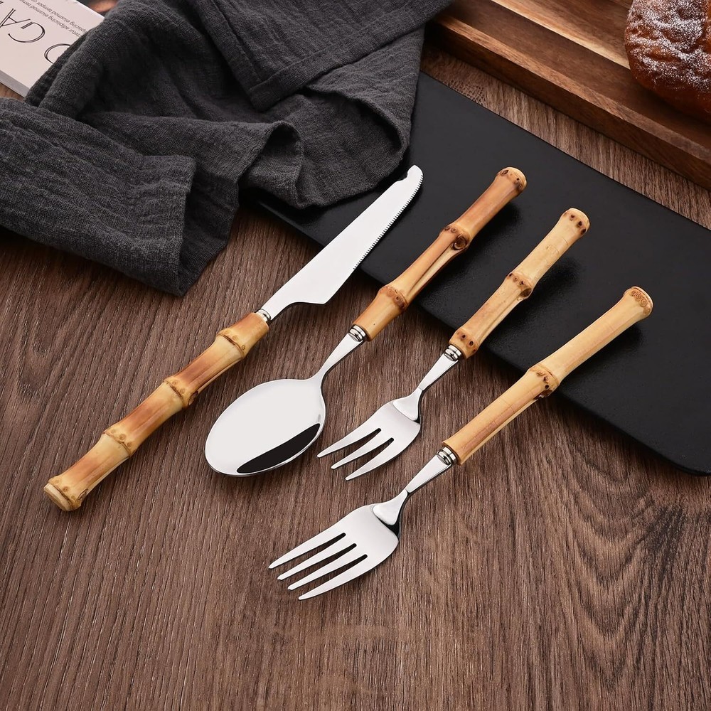 Bamboo Handle Silverware Set 30 Pcs Set for 6 Stainless Steel Flatware Set